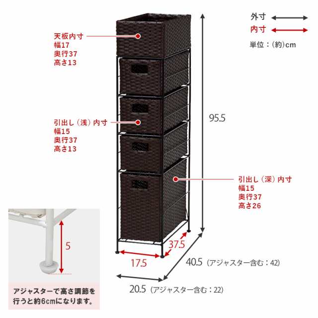 ランドリーチェスト 洗面収納 5段 幅20.5cm スリムタイプ 引き出し4杯