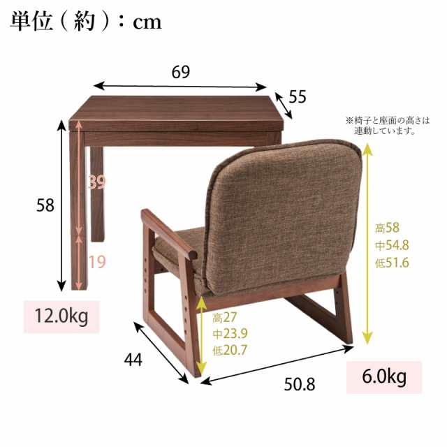 一人用こたつ 3点セット 長方形 お1人様 ダイニングコタツ なごみUSB69 NGM-USB69DLH(FBR) 電源タップ内蔵 こたつ チェア 布団 YUASA