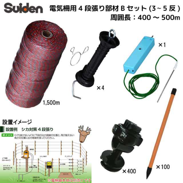 スイデン 電気柵 オプションセット 400m〜500m 4段張り部材 Bセット 1034190 ポール 1800mm 100本 柵線(電線) 1500m 代引不可 suiden