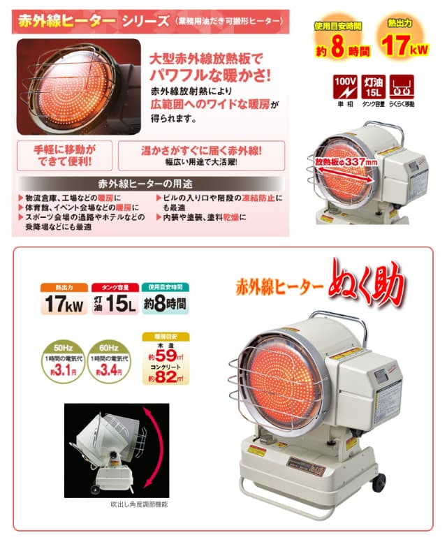 ナカトミ 赤外線ヒーター 50/60Hz兼用 SH-17D ぬく助 単相100V 灯油