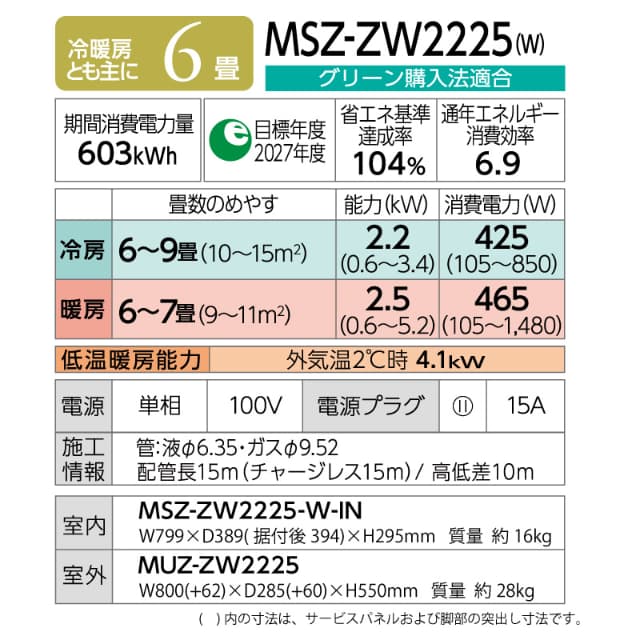 三菱電機 ルームエアコン 主に 6畳用 霧ヶ峰 MSZ-ZW2225-W 2.2kw Zシリーズ 取り付け標準工事費込み 単相100V MSZZW2225SW ピュアホワイト MITSUBISHI