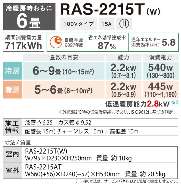 東芝 TOSHIBA ルームエアコン RAS-2215T(W) ホワイト 主に 6畳用 2.2kw Tシリーズ 取り付け工事費別です 単相100V RAS2215TW