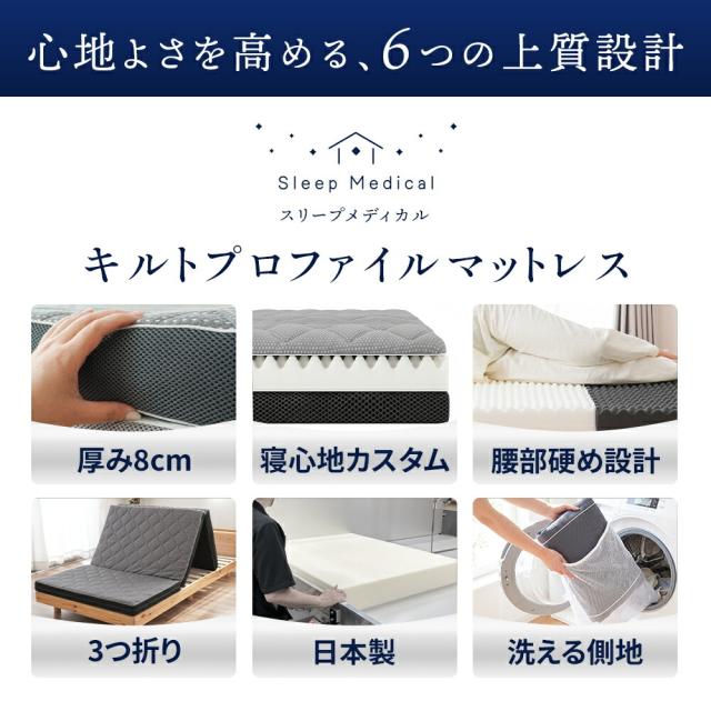 マットレス シングル 三つ折り 高反発 日本製 心寝 ハード バランスタイプ 170N 腰部 240N 敷布団 硬め プロファイル 折りたたみ マットレス 厚み8cm 腰痛 通気性 自社製造_1