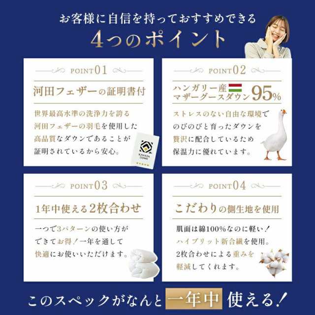 羽毛布団 クイーン 最高級 2枚合わせ 河田フェザー ハンガリー産