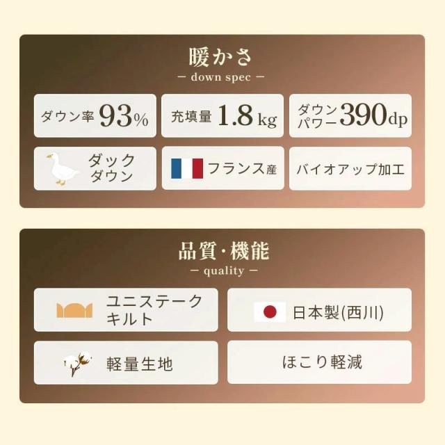 羽毛布団 ダブル 西川 日本製 ダウン93% 1.8kg フランス産 ダックダウン93% あったか 冬 190×210 390dp以上 ダブルロング_1