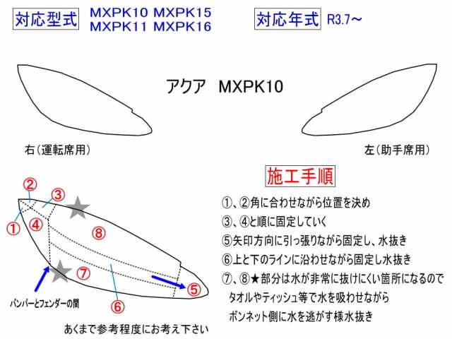 ヘッドライトプロテクションフィルム (アクア MXPK10) 【商品一覧】 車種専用 カット済み 左右セット ヘッドライト保護 MXPK10 MXPK15 MXPK11 MXPK16 AQUA トヨタの通販は ヘッドライトプロテクションフィルム (アクア MXPK10) 【商品一覧】 車種専用 カット済み 左右セット ヘッドライト保護 MXPK10 MXPK15 MXPK11 MXPK16 AQUA トヨタの通販は