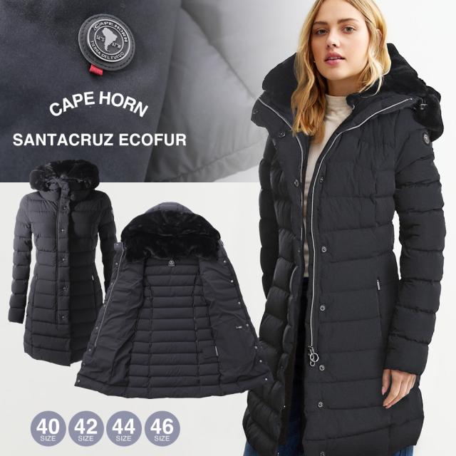 ケープホーン santacruz ecofur サンタクルーズ エコファー ダウン ロング レディース ファー付き CAPE HORN ブラック 72572 ダウンジャケット 撥水 フード 防寒 アウター マット スリム