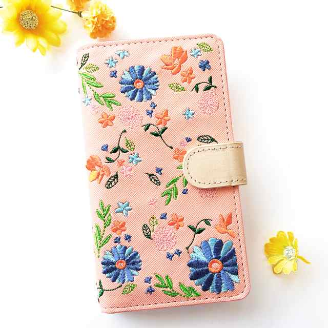 シンプルスマホ6 A201SH スマホケース ケース ヌメ革 花刺繍 シンプル