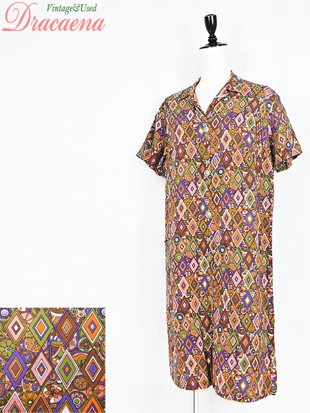 レディースワンピース古着 60 70s オールド レトロ サイケデリック 総柄 半袖 ポケット ミディ丈 M位の通販はau Pay マーケット 古着屋ドラセナ