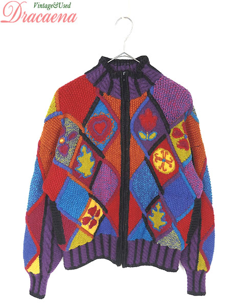 レディース 古着 ニット カラフル レトロ ダイヤ柄 セーター カーディガン ジップアップ ハイネック 個性派 M L位 古着の通販はau Pay マーケット 古着屋ドラセナ