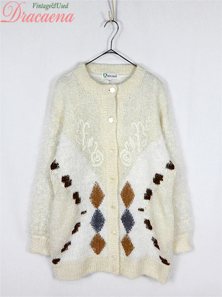 レディース ニット 古着 レトロ ふわふわ ひし形 花刺繍 白 起毛 スタンドカラー ボックスシルエット カーディガン ニット Lの通販はau Pay マーケット 古着屋ドラセナ