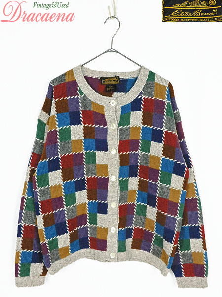 レディースニット古着 Eddie Bauer エディーバウアー カジュアル ボックスチェック カラフル ウール ニット カーディガン Mの通販はau Pay マーケット 古着屋ドラセナ
