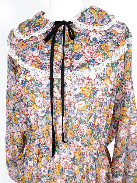 レディースワンピース古着 花柄 クラシカル ガーリー 赤系 フラットカラー 長袖 フレア ワンピ マキシ丈 M位の通販はau Pay マーケット 古着屋ドラセナ