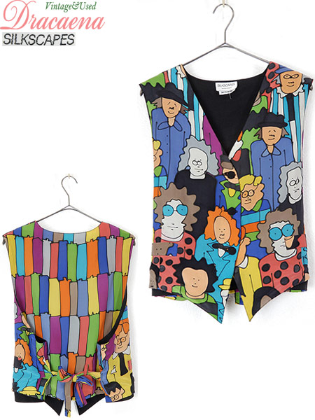 古着 レディース ベスト 人物 手描き風 イラスト 総柄 カラフル シルク 個性派 前ボタン ベスト 古着の通販はau Pay マーケット 古着 屋ドラセナ