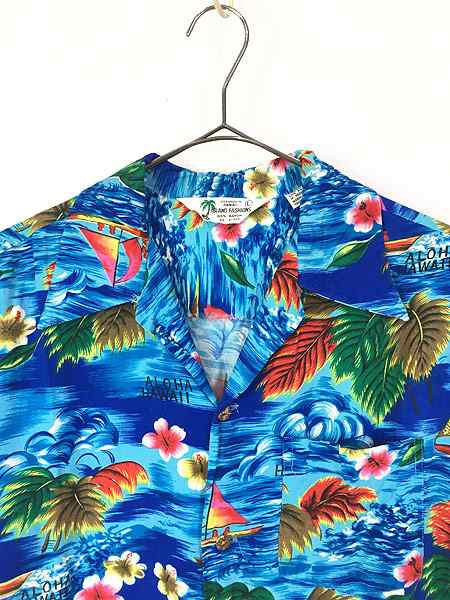 安い購入 古着 60s Japan製 Island Fashions ハイビスカス 海 総柄 レーヨン アロハ ハワイアン シャツ L 古着 半額品 Www Iacymperu Org