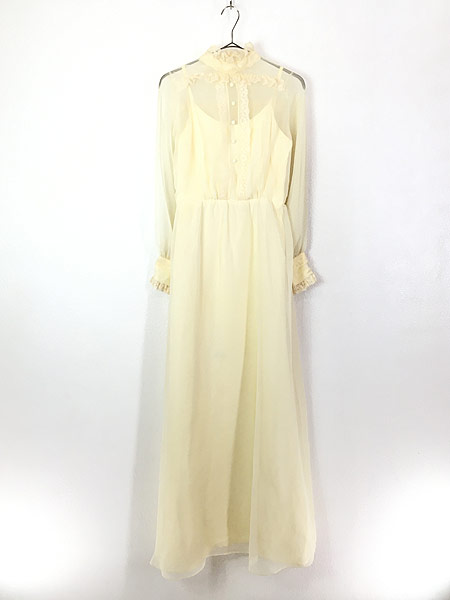 レディース 古着 70 80s スタンドカラー フリル レース シースルー ロング丈 ワンピース ドレス 生成り L位 古着の通販はau Pay マーケット 古着屋ドラセナ