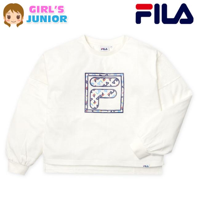 【送料無料】女児 ジュニア 天竺 長袖 Tシャツ FILA/フィラ ゆったりビッグシルエット メッシュ切替 ラバープリント 子供服 女の子 140cm 150cm 160cm iw-1161a-cr【メール便対応】
