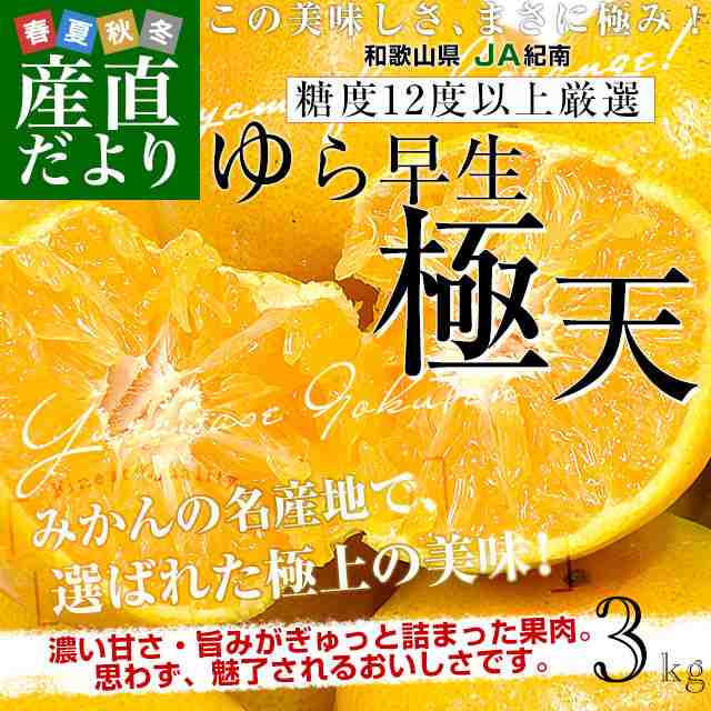 約3キロ(24玉から36玉前後)　JA紀南　和歌山県　産直だより　蜜柑　au　PAY　柑橘　の通販はau　糖度12度以上厳選「ゆら早生」等級：極天　PAY　送料無料　LからSサイズ　マーケット　みかん　マーケット－通販サイト