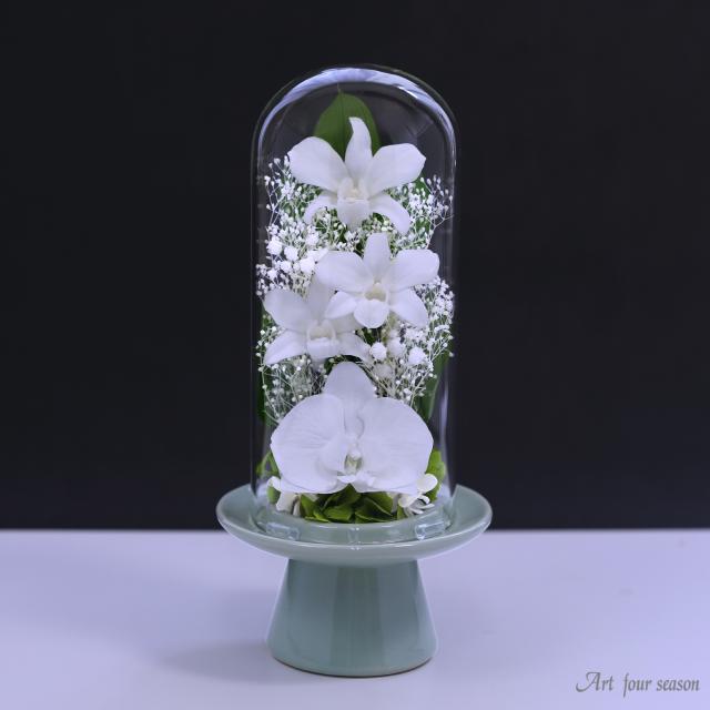 仏花　プリザーブドフラワーアレンジ　クリアケース入り　お供え花　ブルー　１対　蘭 仏花 プリザーブドフラワーアレンジクリアケース入り パステル