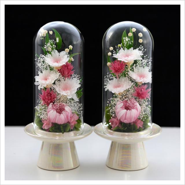 週末出品！プリザーブドフラワー＊ 輪菊 ガラスケース対 蓮入＊仏花 供花 お盆 新盆 初盆 仏花 プリザーブドフラワー 仏花 仏壇用 1対 即日配送 【対