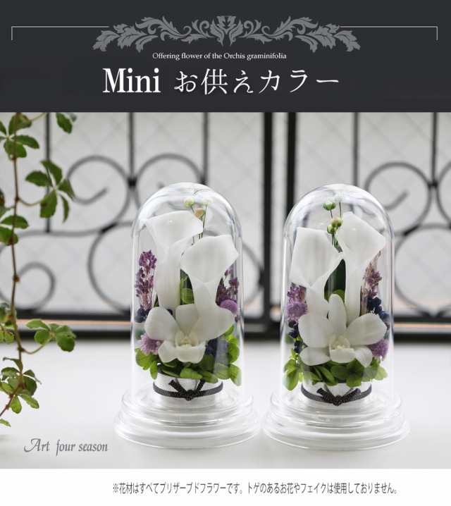 プリザーブドフラワー 仏花 一対 お供え花 仏壇用 即日配送 【対デザイン Miniカラードーム】 お供え ブリザードフラワー お悔やみ お彼岸 法要 弔電 仏事 新盆 初盆 送料無料 アートフォーシーズンの通販は