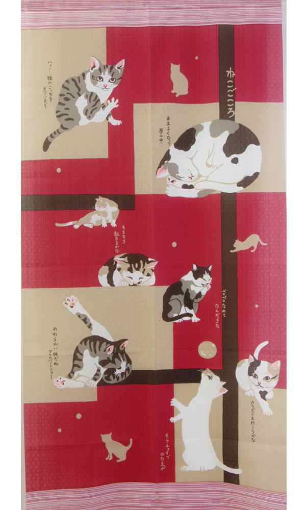 猫柄のれん幅85×170cm丈ロングサイズ 和風貼り絵七福ねこ REDcsm-1