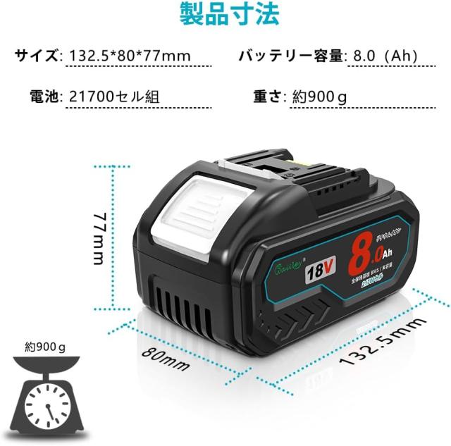 Waitley マキタ 18V バッテリー Makita 18V バッテリー 互換 実容量8.0Ah カットオフ保護機能付 サムスン製21700セル採用 ％残量インジケーター搭載 PSE認証済み 一年保証付き