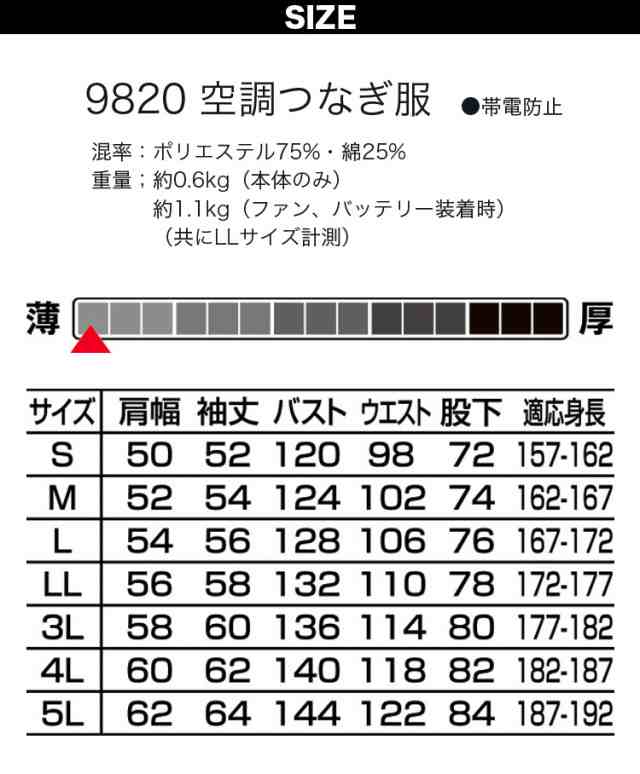 空調服 長袖つなぎ服 3L 4L 5Lツナギ服ツヅキ服全身空調型 18Vファンバッテリーセット 9820-b 山田辰企業制服・作業服・ユニフォーム - 9