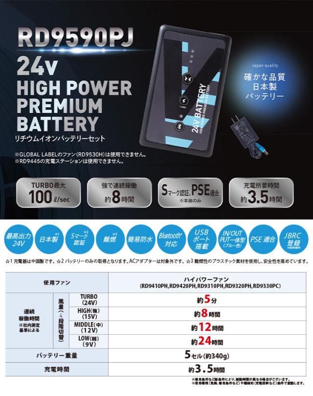 空調風神服 24V仕様リチウムイオンバッテリーセット 難燃 USBポート