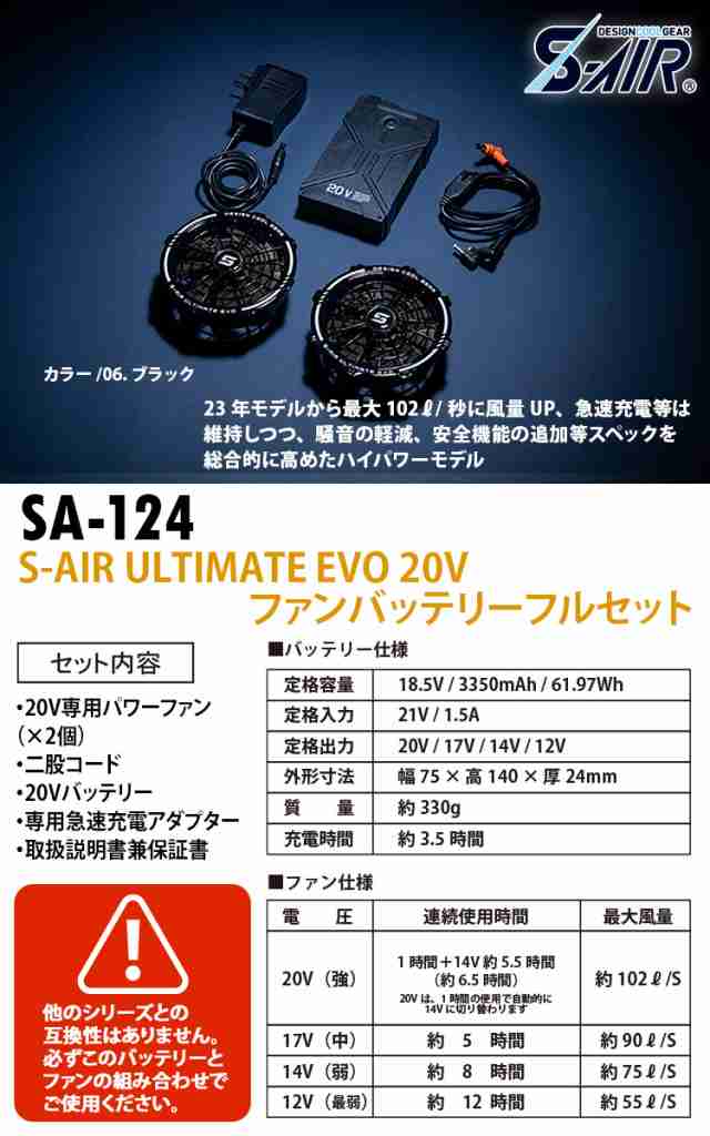 シンメン S-AIR ULTIMATE EVO 2024年新型 20Vバッテリー専用 ファン2個セット SA-224 ファン付きウェア用 SHINMEN 作業服 作業着 熱中症