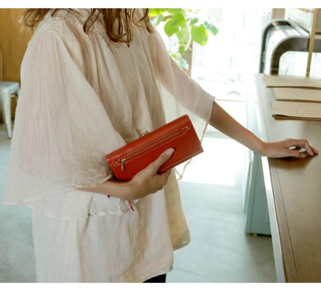 財布 レディース 長財布 がま口 本革 ジャバラ ファスナーポケット