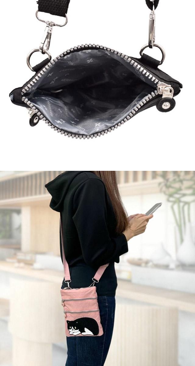 ポシェット スマホショルダー 猫 ネコ柄 ポケット 仕分け ナイロン