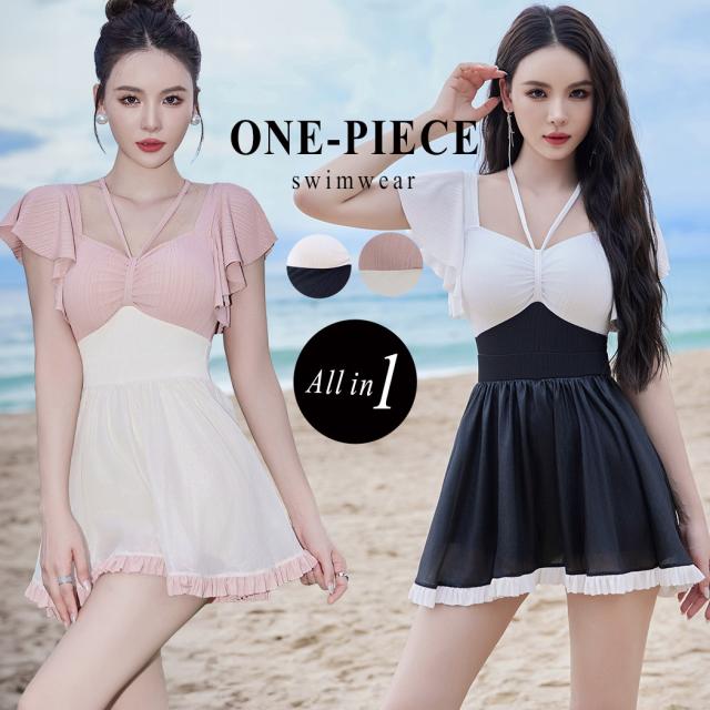 春新作 水着 レディース ワンピース オールインワン 体型カバー おしゃれ かわいい フリル 白 黒 バイカラー 袖あり 光沢 オーガンジー 透け感 シースルー 異素材 フレアスカート ウエストマーク パッド付き ノンワイヤー 肩ひも調節の通販は 5,178円