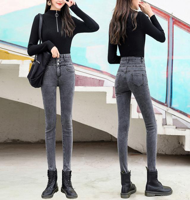 パンツボトムス デニム 裏起毛 ハイウエスト ボタン ロング S/XL mcqgkd1144-01.jpg