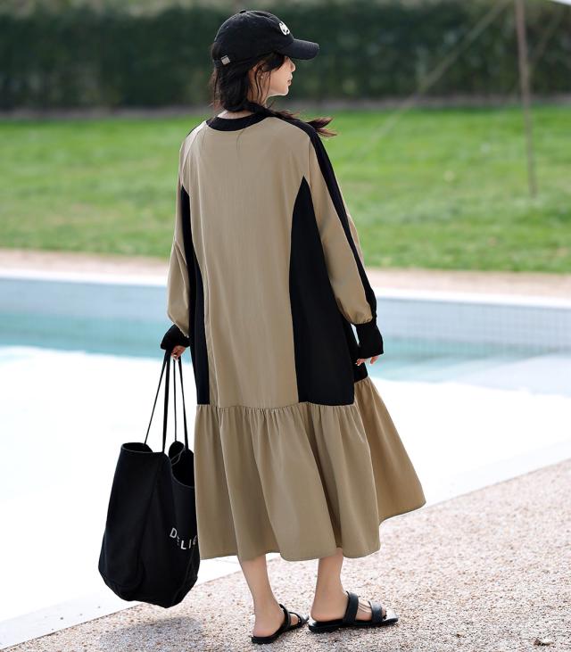 春新作 長袖ラッシュガード ワンピース レディース水着体型カバー ロング 水陸両用 ミモレ丈 ゆったり ティアード Aライン バイカラー ハーフジップ ラウンドネック サムホール UPF50+ 接触冷感 水着 紫外線対策 フードなし ポケット付き 春新作 長袖ラッシュガード ワンピース レディース水着体型カバー