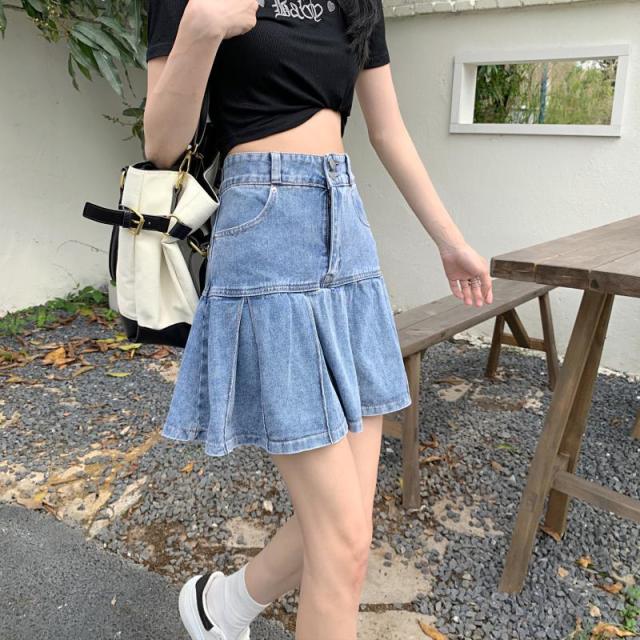 春新作 デニム スカート フレア aライン ミニ プリーツ レディース 春