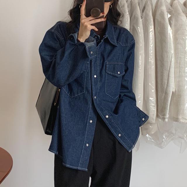 デニム長袖シャツ ボタン付きポケット 春新作 デニム シャツ レディース 長袖 春秋 おしゃれ 定番