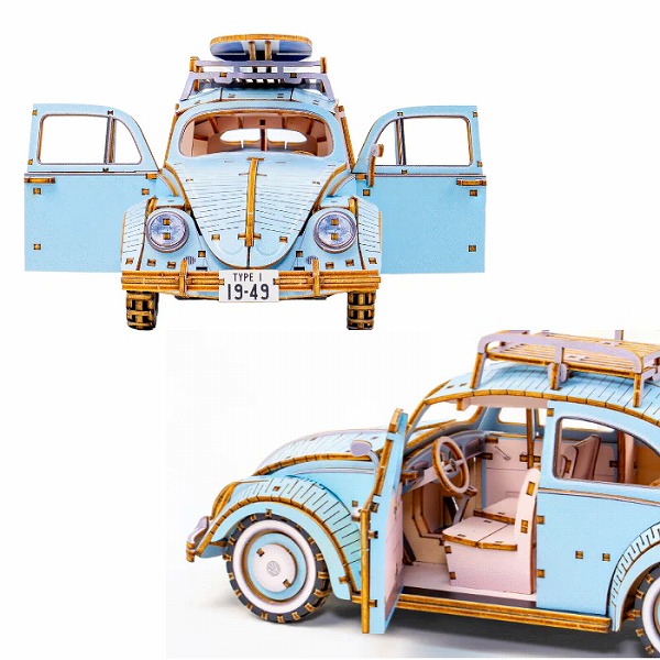 Wooden Art ki-gu-mi Vintage フォルクスワーゲン ビートル ブルー VOLKSWAGEN タイプ1 1949年式 木製 ウッドパズル 立体パズル エーゾーン 木組 工作 おもちゃ インテリア プレゼント ギフト_1