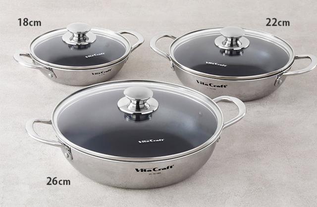 ビタクラフト テーブルパン 18cm ガラス蓋付き NO.1361 浅型 両手鍋 ガス火 IH対応 【 卓上鍋 浅型鍋 無水調理 調理器具 ステンレス アルミ 全面2層構造 】の通販は