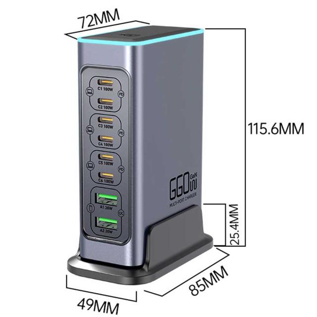 タワー型 マルチパワーステーション マルチ充電器 8ポート Type-C 単ポート最大100W【USB-C×6とUSB-A×2】 PD3.0対応 PPS規格対応 電源タップ USBタップ PSE技術基準適合_6