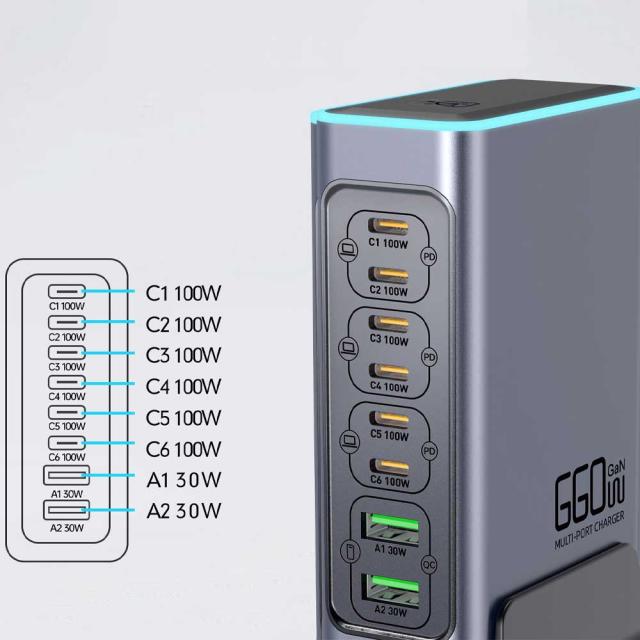 タワー型 マルチパワーステーション マルチ充電器 8ポート Type-C 単ポート最大100W【USB-C×6とUSB-A×2】 PD3.0対応 PPS規格対応 電源タップ USBタップ PSE技術基準適合_7