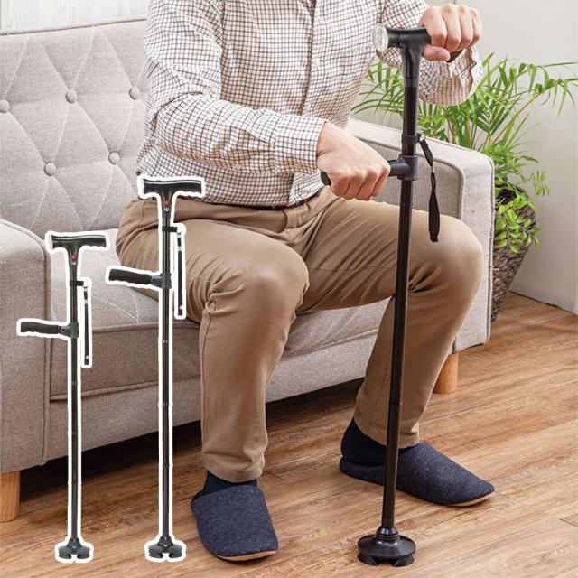 ファミラ セーフティーステッキ 2本組 4点杖 自立式 杖 ステッキ 折りたたみ式 LEDライト付き ブザー付き 補助ハンドル付き 長さ調節 高さ調節 送料無料