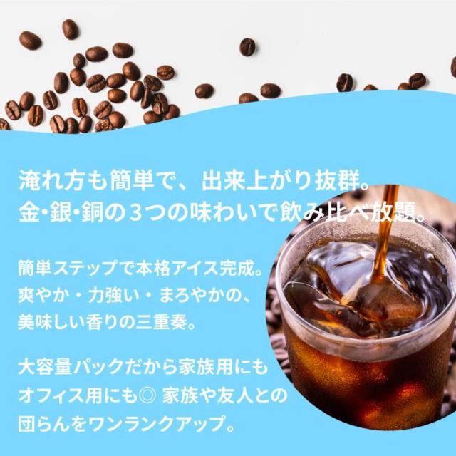 いまだけ＼半額 50%OFF／ アイスコーヒー 水出し珈琲 送料無料 金と銀と銅のアイスコーヒー 福袋 1.2kg 400g×3袋 粉 豆 大容量_11