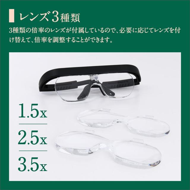りぬ3点 メガネ型ルーペ 眼鏡型ルーペ 3種類のレンズ 拡大鏡 老眼鏡 倍率