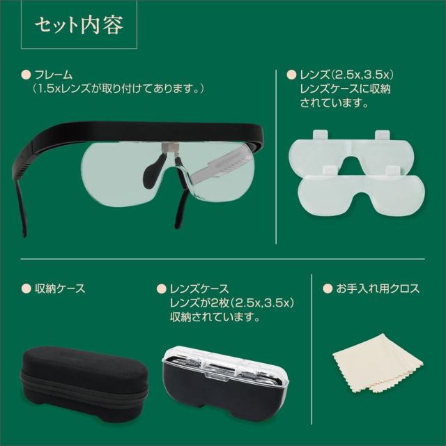 メガネ型ルーペ 眼鏡型ルーペ 3種類のレンズが付属 拡大鏡 老眼鏡