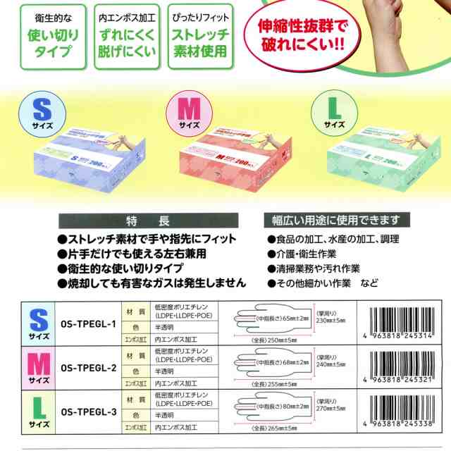 使い捨て手袋 TPEストレッチ手袋 食品衛生法適合 Ｓサイズ/5314 １箱２００枚入りｘ４０箱セット/卸 代金引換便不可品 