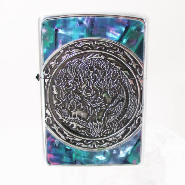 送料無料 ジッポー #2SV-DRSF 螺鈿（貝貼り）Dragon Shellfish ドラゴンシェル 銀メッキイブシ仕上げ オイルライター_1