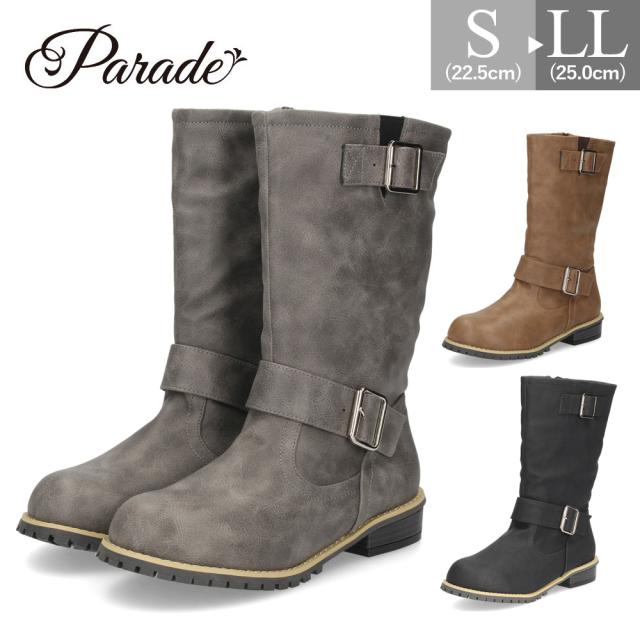 ブーツ レディース ミドルブーツ ローヒール エンジニアブーツ風 靴 ブラック ダークブラウン グレー ラウンドトゥ 合皮 Parade 2912の通販は 6,990円