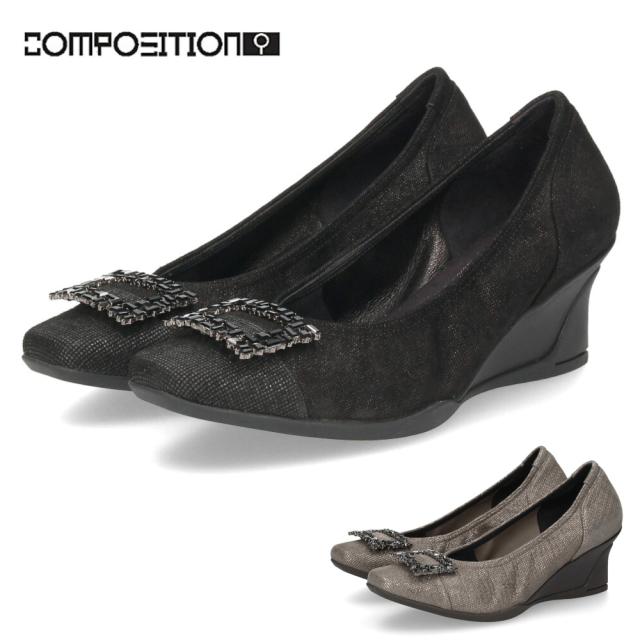 パンプス 黒 レディース おしゃれ ブラック エタン 通勤 靴 スクエアトゥ ウェッジソール コンポジションナイン ビジュー バックル コンフォートパンプス 3092 COMPOSITION9