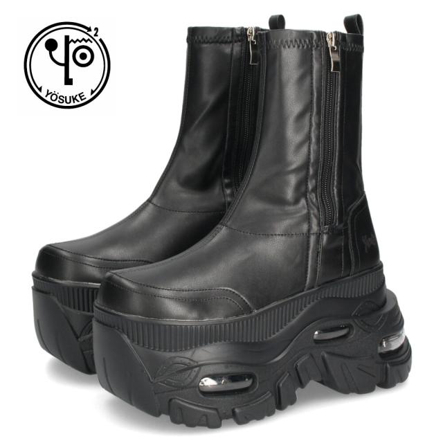 ヨースケ 厚底スニーカー サイドファスナー 靴 レディース YOSUKE 4460113 サイドファスナー 幅広 3E ブラック 黒 ブーツ 厚底ブーツ